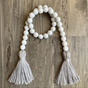 White Wood Bead Garland 28” Gray Tassels Farmhouse Boho Transitional Decor